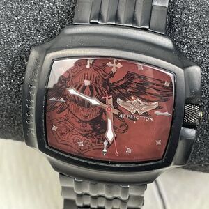 Affliction Saxon Metal Watch Men’s Black Adjustable Band Red Face Metal Box NEW